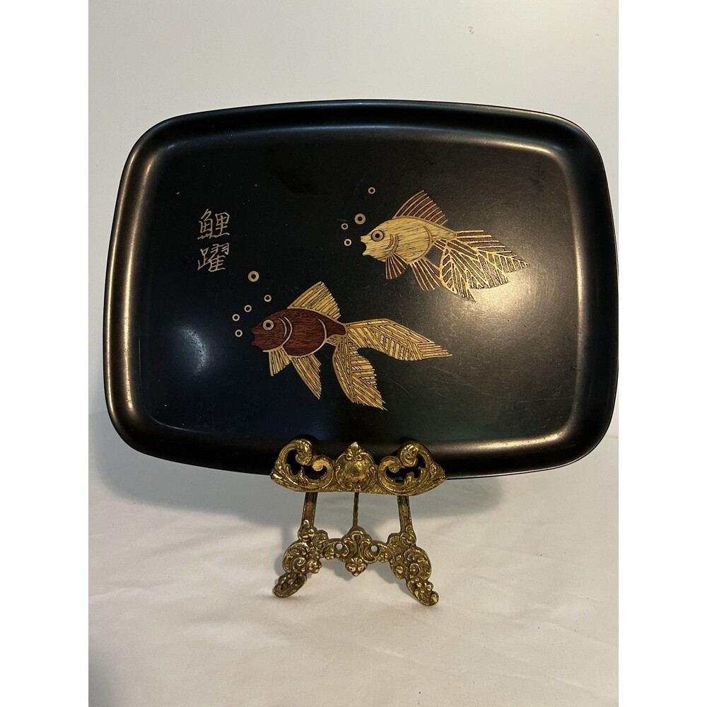 Couroc Monterey California Tray Inlaid Wood & Brass Chinese Fish Vintage MCM